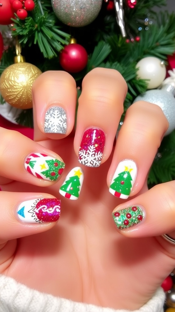 Colorful Christmas nail art with snowflakes, trees, and candy canes on a festive background.